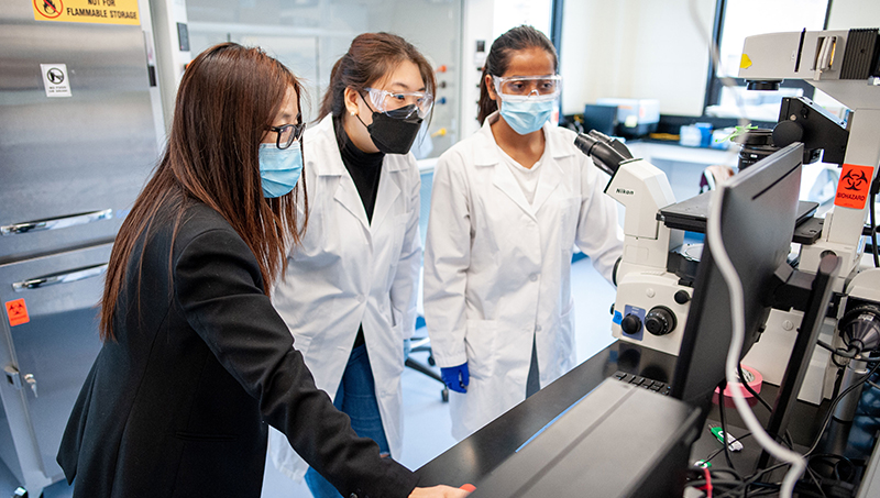 王舒博士(左)和她的学生在实验室里。